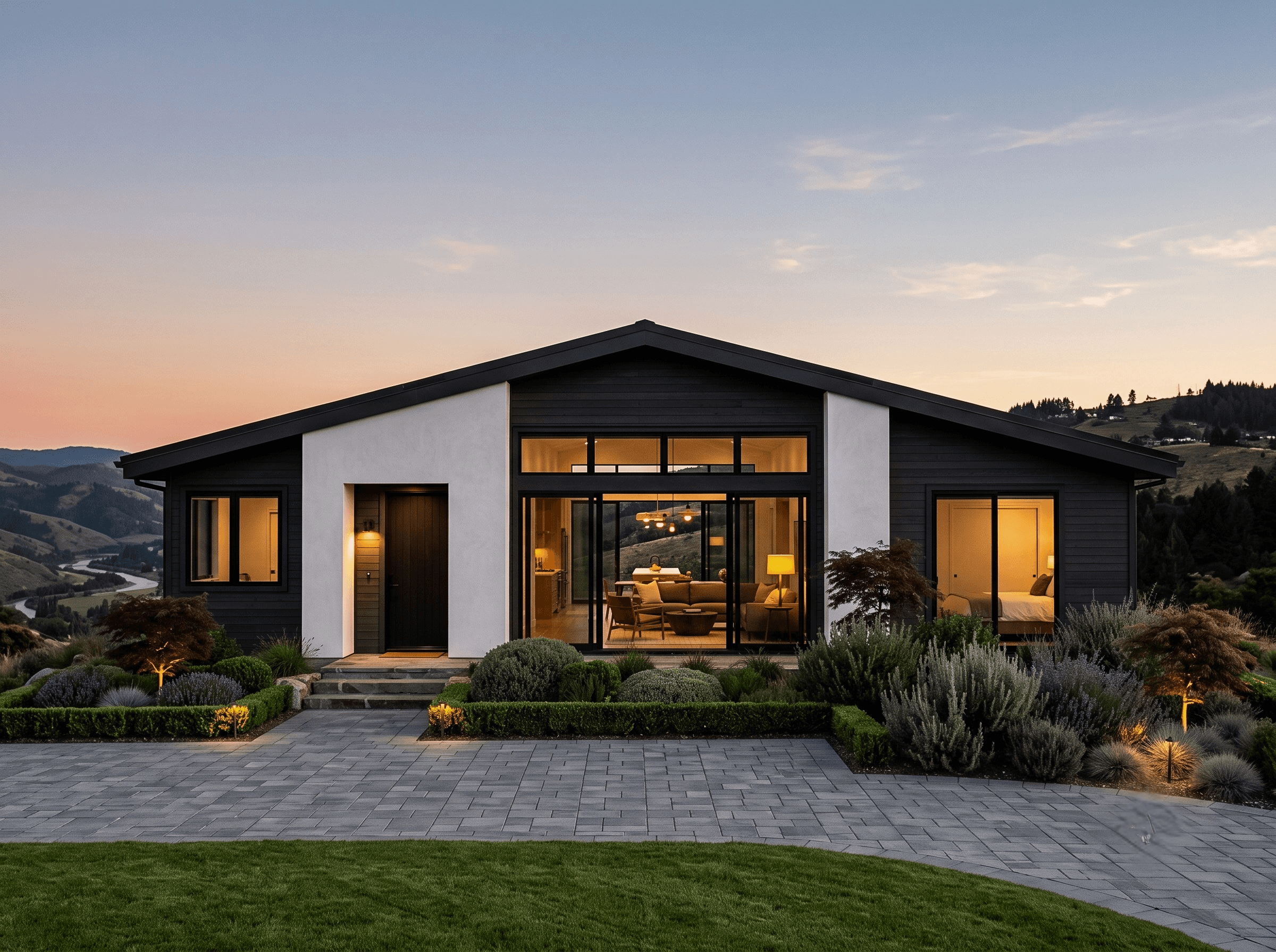 Modern house exterior at dusk