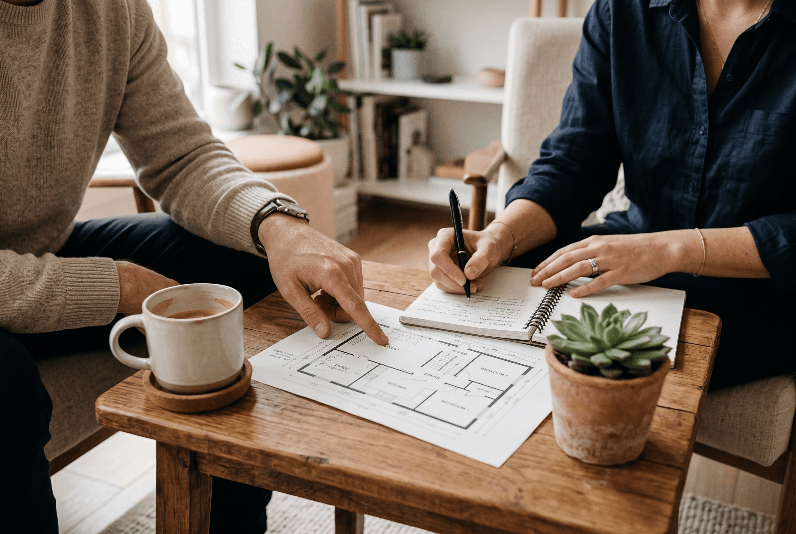 two people planning house layout