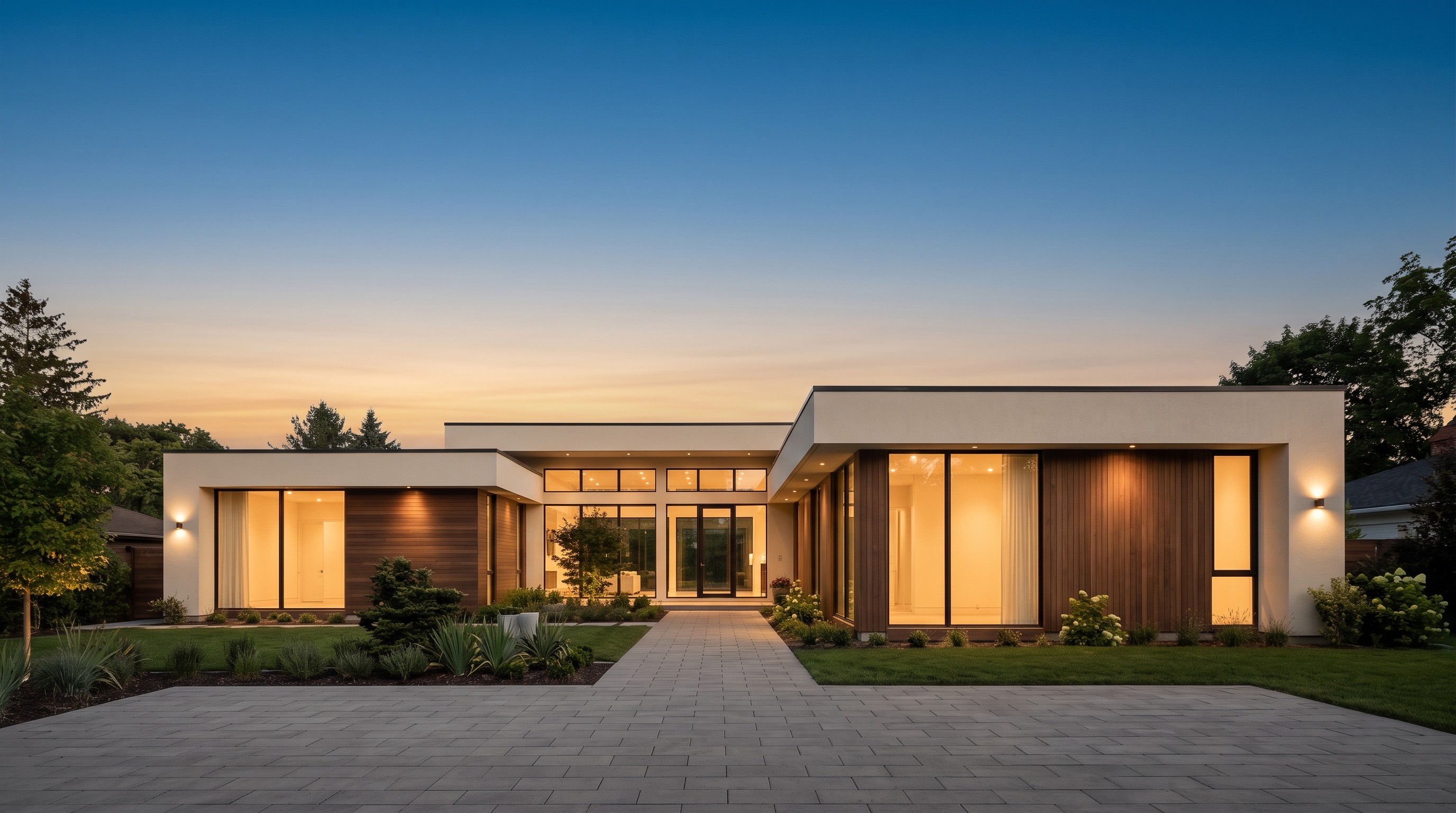 Modern house exterior at dusk